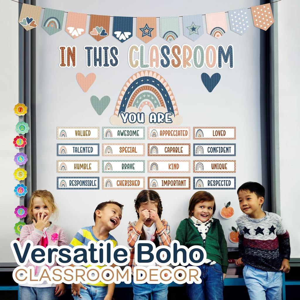 4E's Novelty 36 Pcs “in This Classroom You Are” Boho Classroom Bulletin Board Sets, Boho Motivational Bulletin Board Decorations with Rainbow, &
