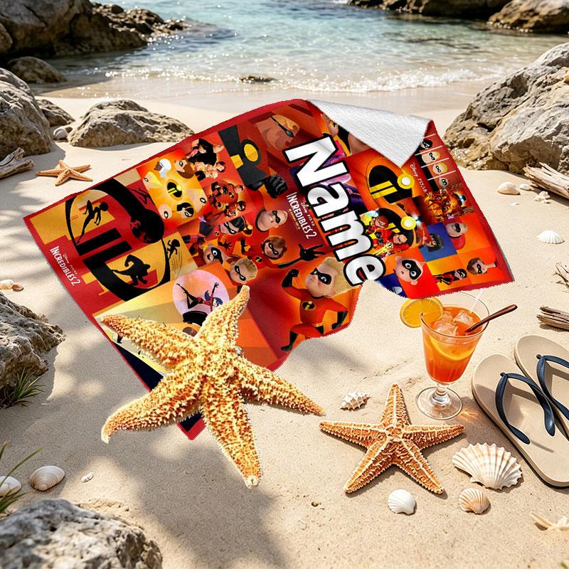 Custom Name Personalized Incredibles Print Beach Towel, for Trip Camping Beach Party Home Decor, Birthday Gift for Family & Friends