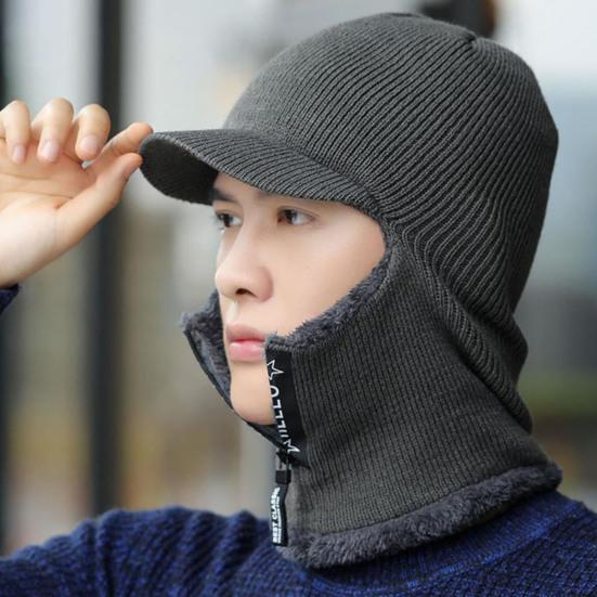 Thermal Hat Zipper Opening Fleece Lining Knitting 2 In 1 Solid Color Men Neck Guard Cap Hat for Sport
