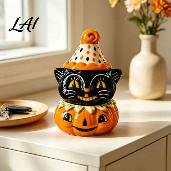 Vassoio a Gradini Decorazione Autunnale Gatto Nero Halloween Statuina Zucca Carina Spaventosa su Resistente Tavolo da Festa Decorazione Statua in Resina per Scaffale di Casa Camino