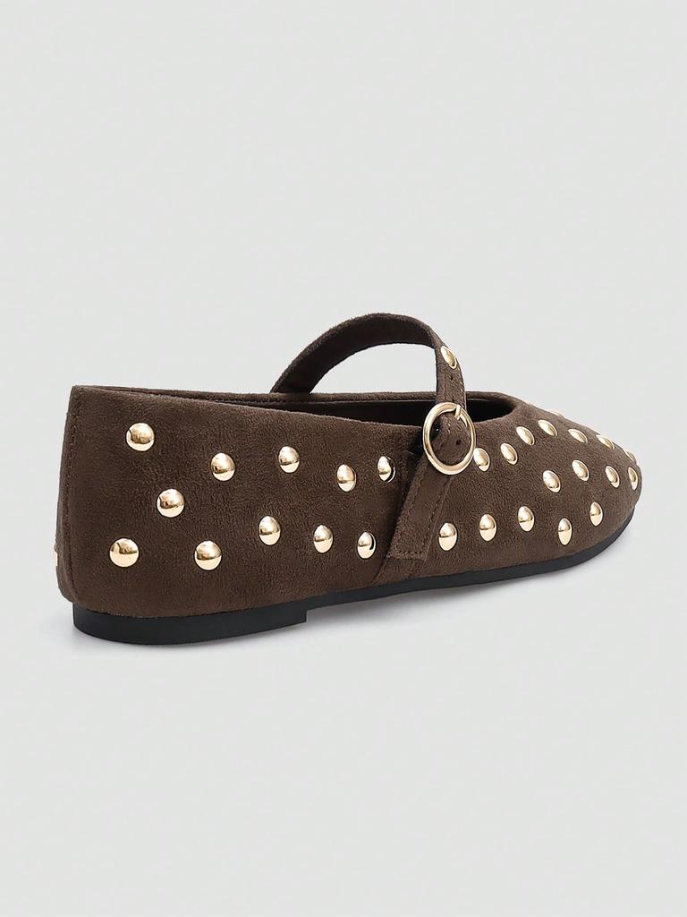 ADAMUMU Women's Brown Mary Jane Flats with Gold Sequin Embellishments
