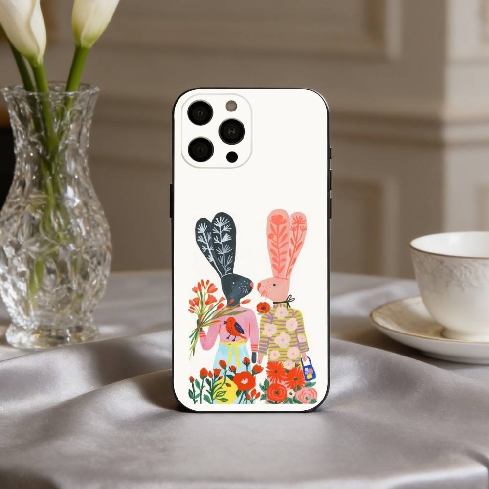R-rabbit F-flower-R art Phone Case For iPhone 17,16,15,14,13,12,11 Plus,Pro Max,XS,Soft Silicone Black Cover iPhone16plus