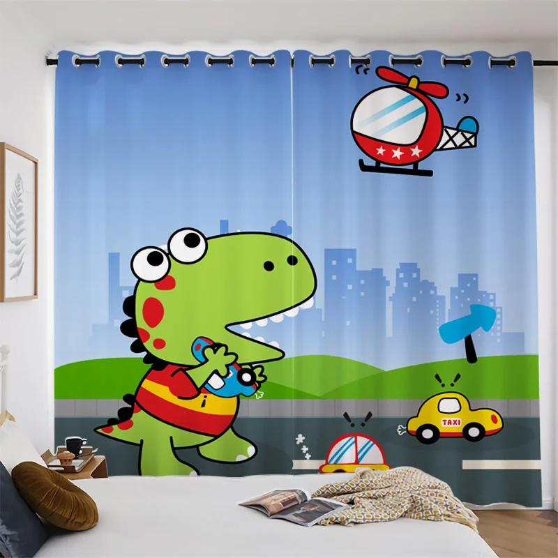 Cute Cartoon Dinosaur New High Shading Window Curtain Bedroom Children's Room Partition Decoration Thick Blackout Curtain 2Pcs