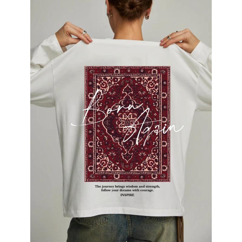 Trendy 2025 Spring Mid-Length Retro Print Cotton Long-Sleeve T-Shirt