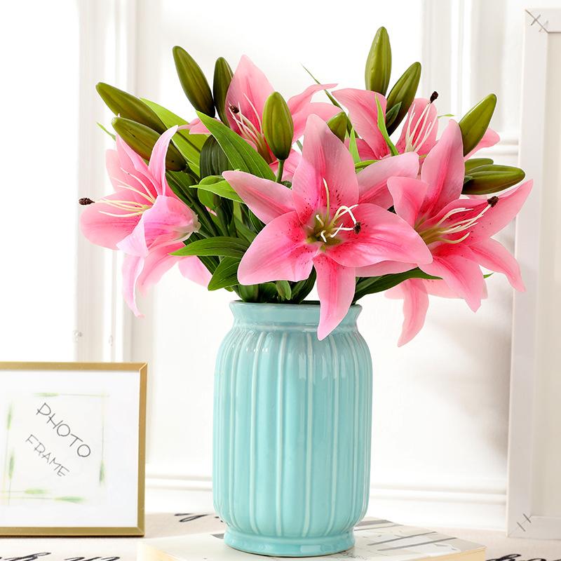 Simulated Lily Single Touch Film 3 Head Lily 1 Flower 2 Buds Home Wedding