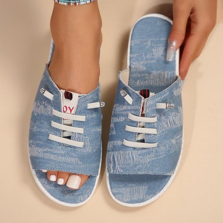Лето 2024, новые джинсовые тапочки на шнуровке большого размера, женские парусиновые легкие модные пляжные сандалии с круглой головкой и плоской подошвой 36 синий