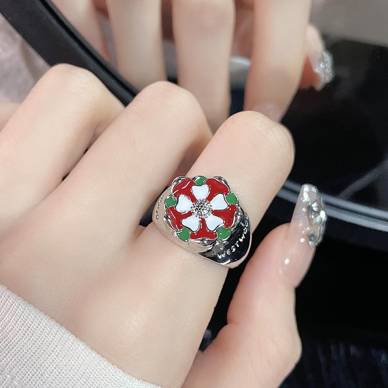Saturn Enamel Full Diamond Colored Rose Open Ring Niche Design Zircon Personality Fashion Ring Women