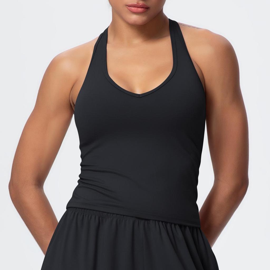 V-Neck Yoga Tank Top with Thin Straps and Stylish Open Back