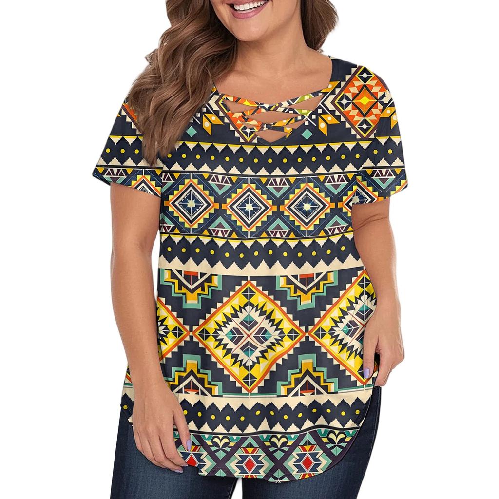 Women's Fashion Casual Printed V-Neck Short Sleeve Large Size T-Shirt Top