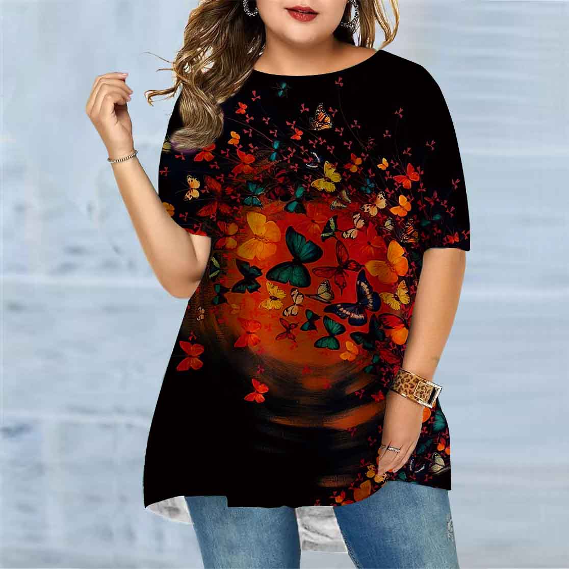 

Женская летняя синяя футболка с принтом бабочки больших размеров, удобная футболка с короткими рукавами и круглым вырезом, повседневная мешковатая футболка средней длины 8XL коричневый