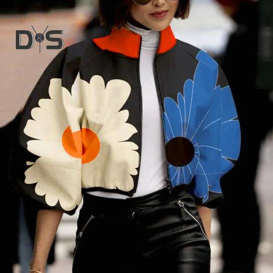 Giacca da donna con colletto alto, stampa a pois abbinata, chiusura con cerniera, corta, ampia, a maniche lunghe, cardigan casual da donna