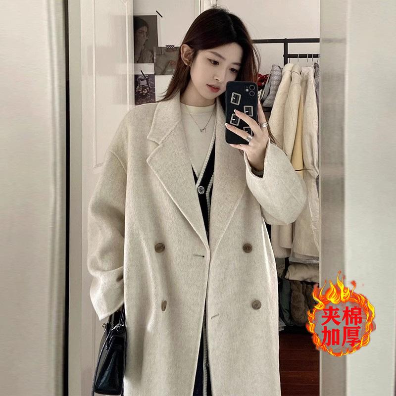 Front Shoulder Double-sided Wool Coat Women's Medium and Long, Autumn and Winter Black and Gray Woolen Coat