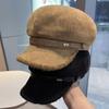 Vintage Faux Suede Newsboy Cap Women Autumn Winter Warm Octagonal Hat with Belt Buckle Elegant Versatile Baker Boy Hat