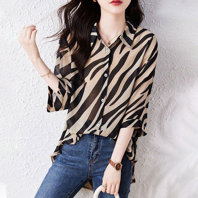 Seven Sleeve Striped Sun Protection Shirt for Women Chiffon Shirt with Zebra Pattern Loose Shirt Top