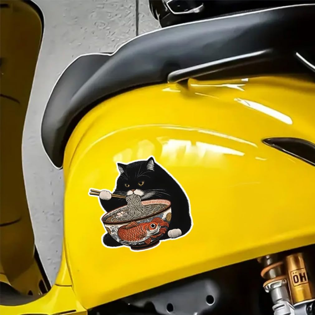 2 Pieces 13x12cm Black Cat Eating Ramen Funny Waterproof Vinyl Car Decal Exterior Decor