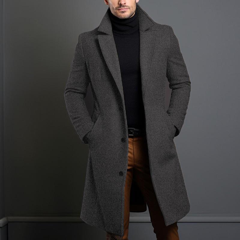 Men's Mid-Length Solid Color Woolen Coat - Warm Autumn/Winter Jacket