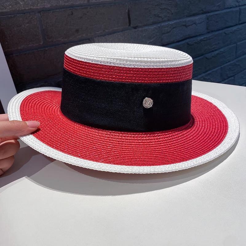 Niche Chic Flat Top Straw Hat Women's Summer Versatile Big Brim Sun Hat British Retro M Standard Top Hat