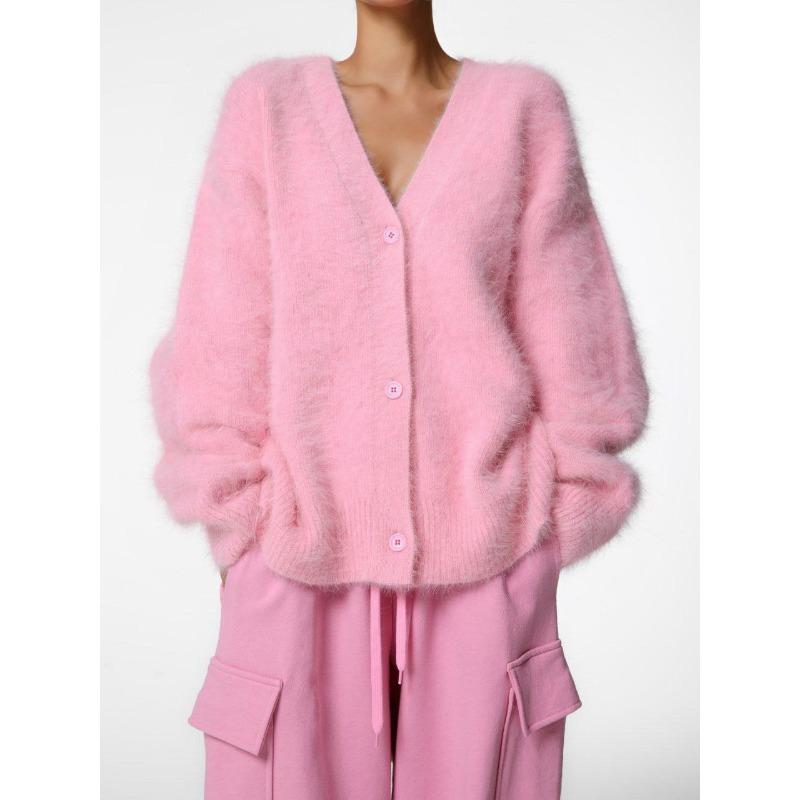 Вязаный свитер из искусственной норковой шерсти кардиган осень и зима ленивый свободный свитер с длинными рукавами и V-образным вырезом женская куртка L розовый 3189₽