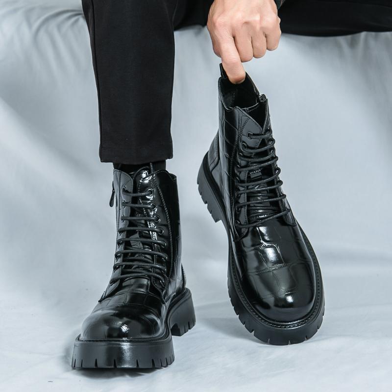 Fashion Luxury Brand Men's Autumn and Winter Crocodile Leather Side Zipper High Top Boots Fashionable New Men's Comfortable Short Boots