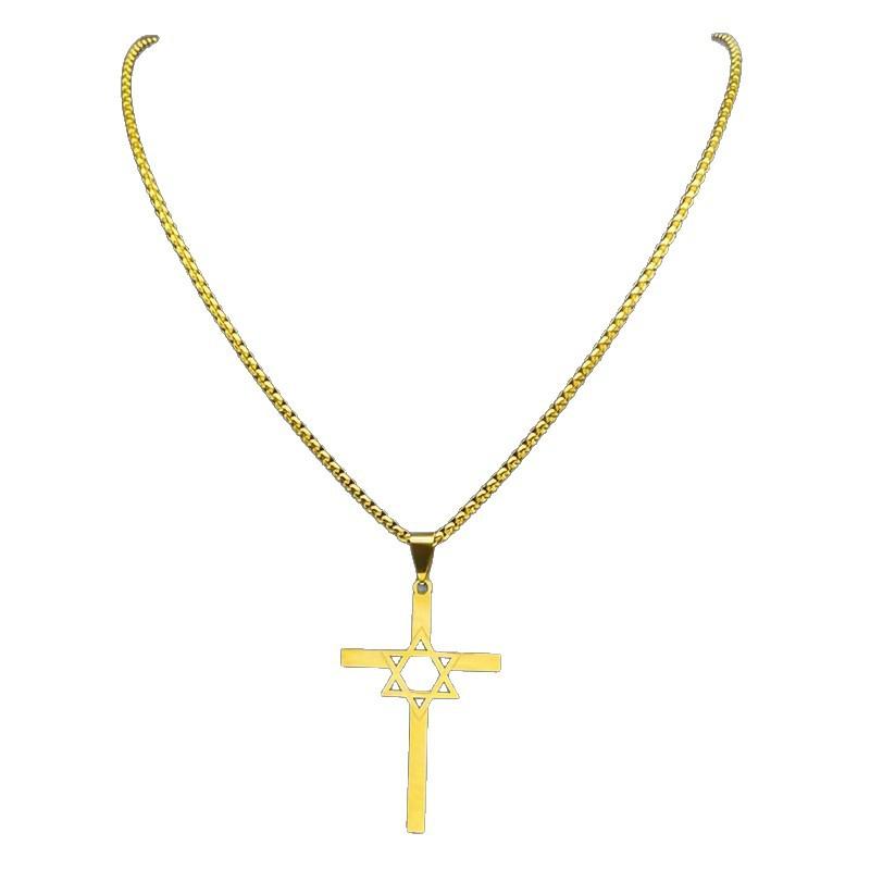 Personalisierte Modische Glatte Oberfläche Edelstahl Hohl Sechsspitziger Stern Kreuz Halskette