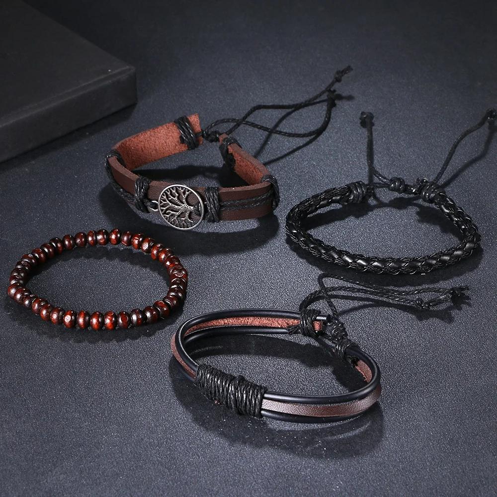 4Pcs/ Set Braided Wrap Leather Bracelets for Men Vintage Life Tree Rudder Charm Wood Beads Ethnic Tribal Wristbands
