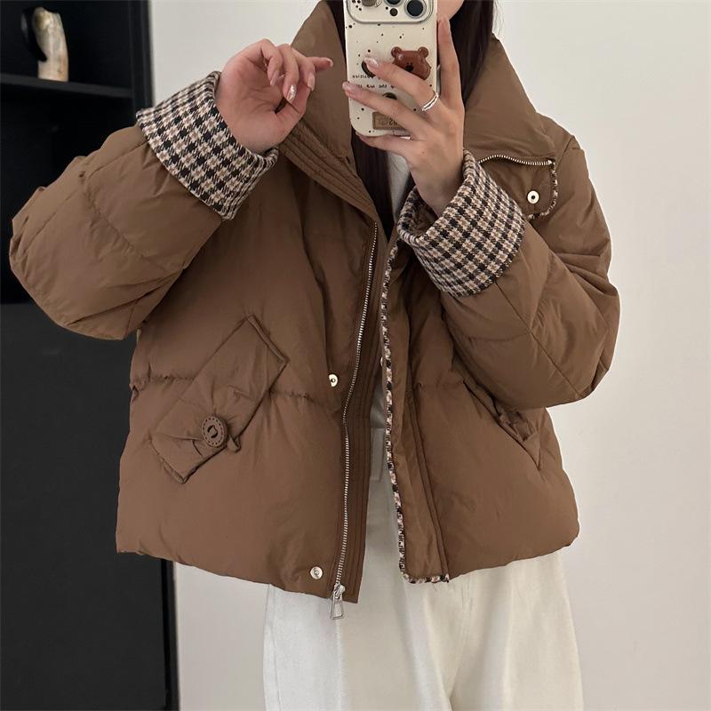 Design Sense Kurze Daunenjacke Damen Brotjacke Tausend Vogelgitter Spleißen Winterjacke 2024 Winter Neu