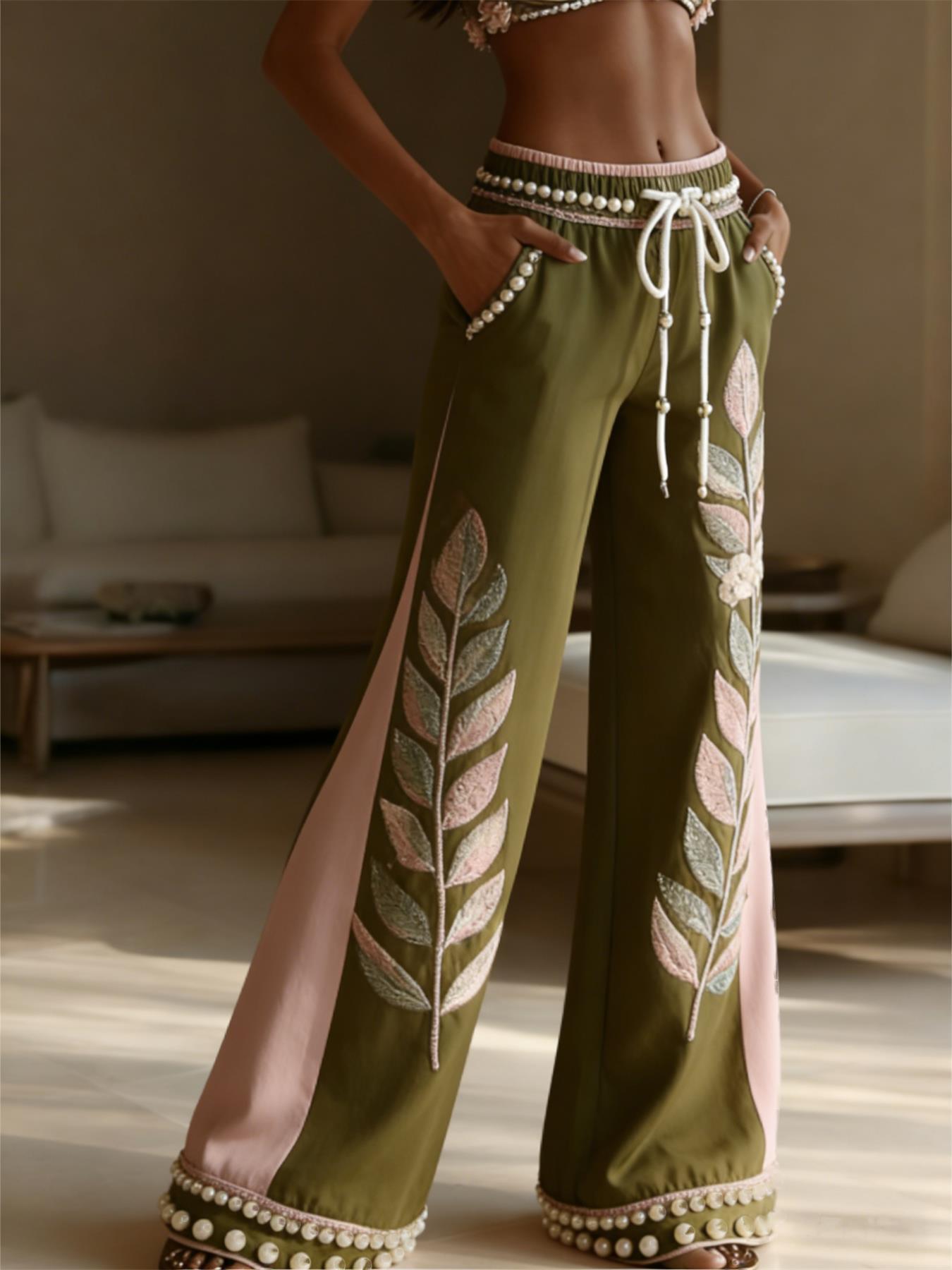 European Size Women s Cotton Linen Wide-Leg Printed Casual Pants Large