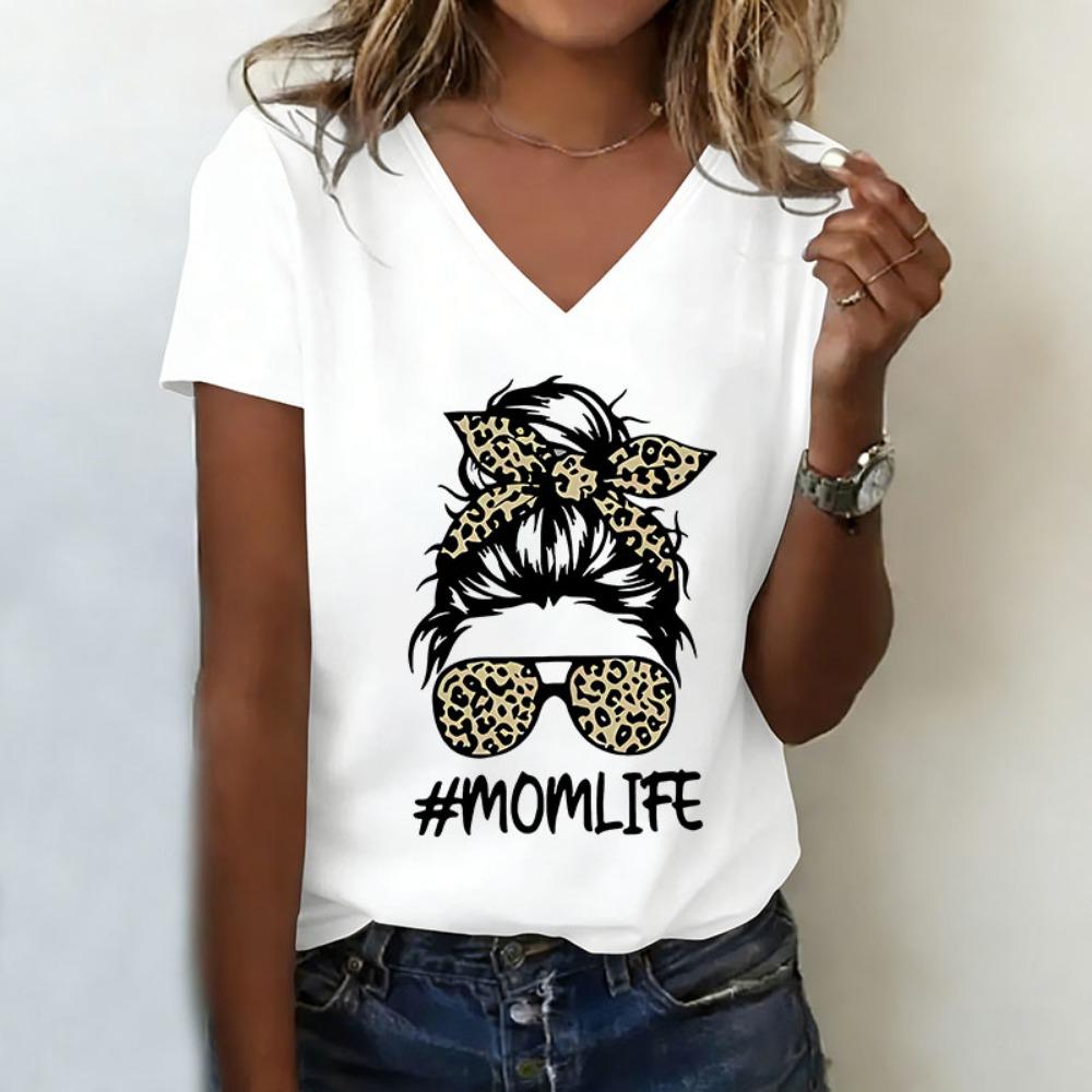 

Casual T-shirt V Neck Fashion Leopard MOM Life Printed T Shirts Women Short Sleeve V-Neck Tee Shirt Summer Female Girls Tee S