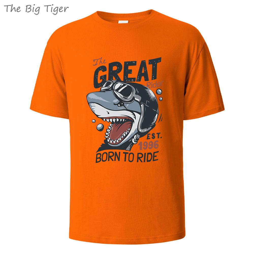 Great Shark Printing Mens Basic Cotton Tee Simple Round Neck Comfortable Fit Lightweight Breathable Casual Wear Mens Tshirt