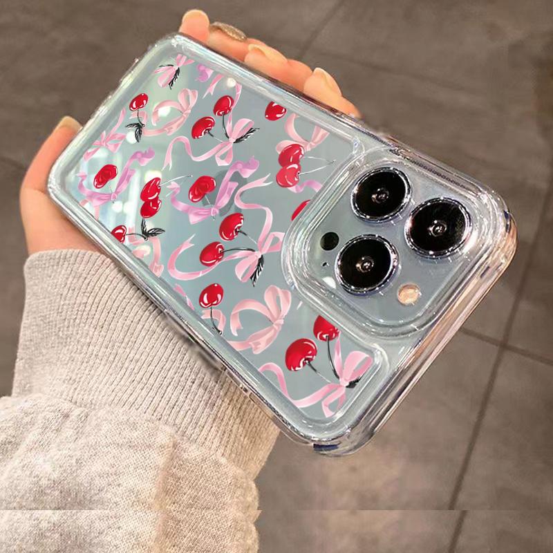 Luxury Shockproof Soft Clear Phone Case For iPhone 16 15 14 13 12 11 Pro Max XS XR 7 8 Plus SE 2020 Cherry Bowknot Pattern Cover