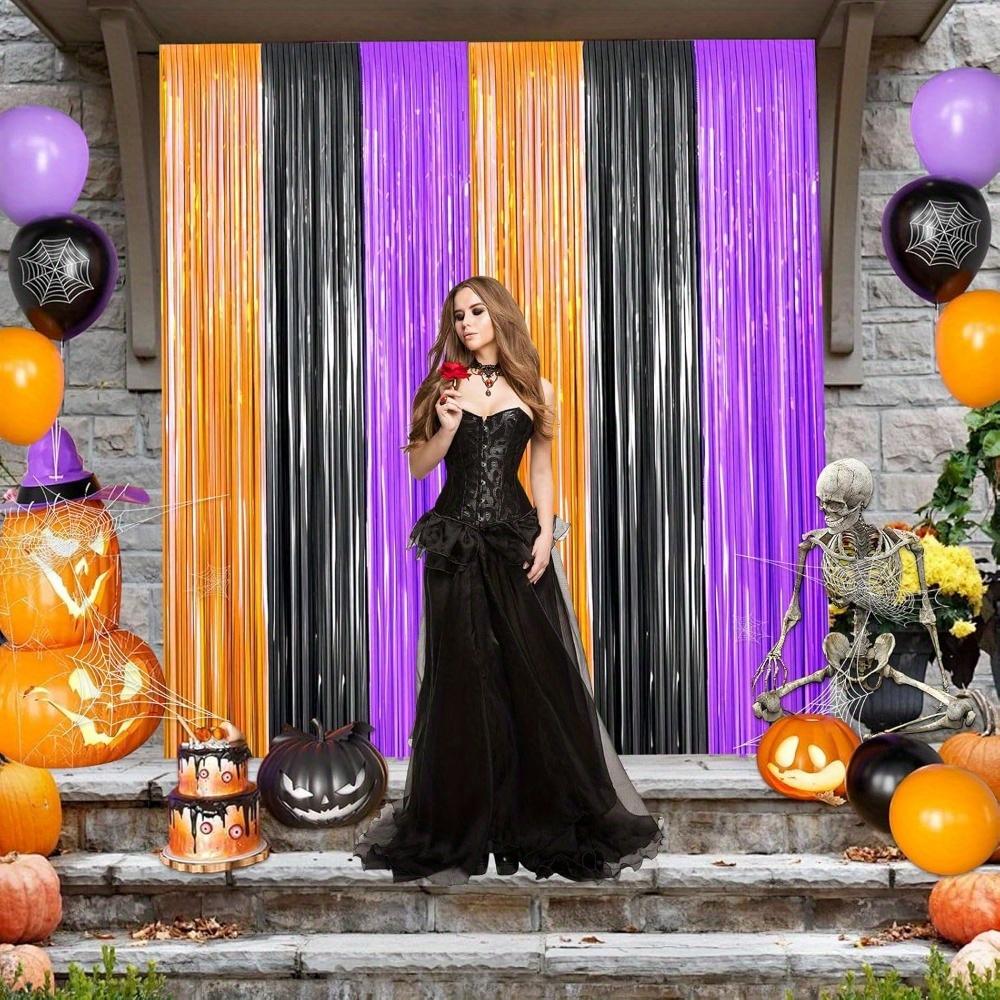 2pcs Orange Purple Black Metallic Tinsel Foil Fringe Curtains Photo Booth Props for Halloween Birthday Bridal Shower Holiday Party Decorations