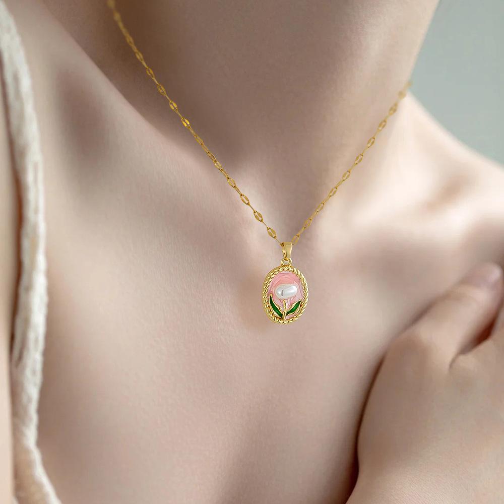 Cross-border New French Style Vintage Imitation Pearl Oil Drop Pendant Light Luxury Copper Enamel High-end Painted Flower