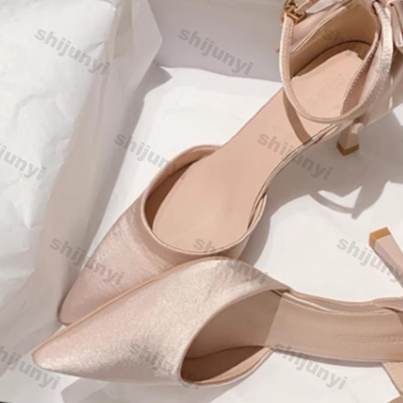 Fashion Women Elegant Nude High Heels Pumps Shallow Mouth Slip on Stiletto High Heel Shoes Woman Sexy Bows Point Toe Party Banquet Shoes