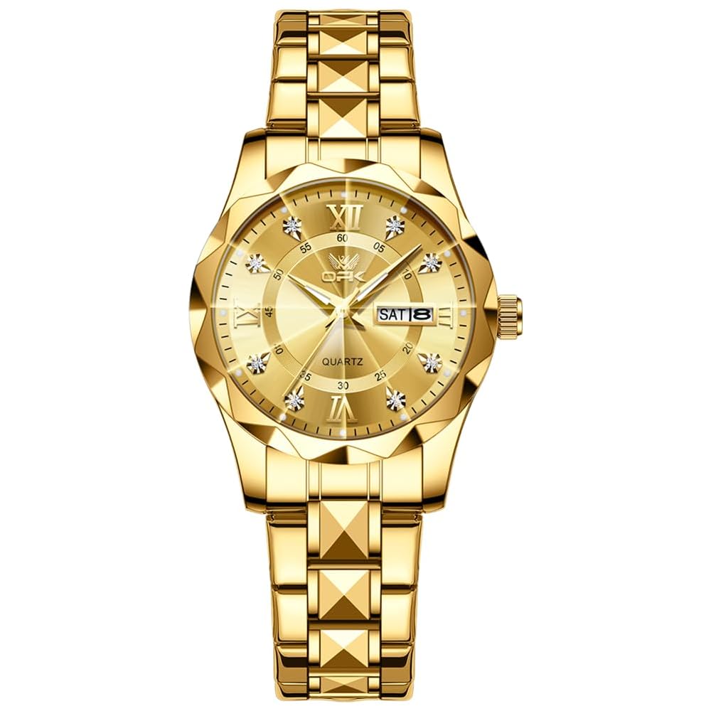 Japanese Quartz Women s Watch Gold Round Face 30mm Stainless Steel Calendar Date