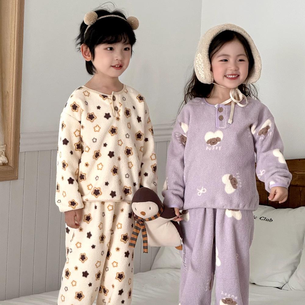Set de pijamale din fleece dublu-față, stil coreean, pentru copii, cu desene animate, pentru băieți și fete - Îmbrăcăminte caldă de toamnă/iarnă