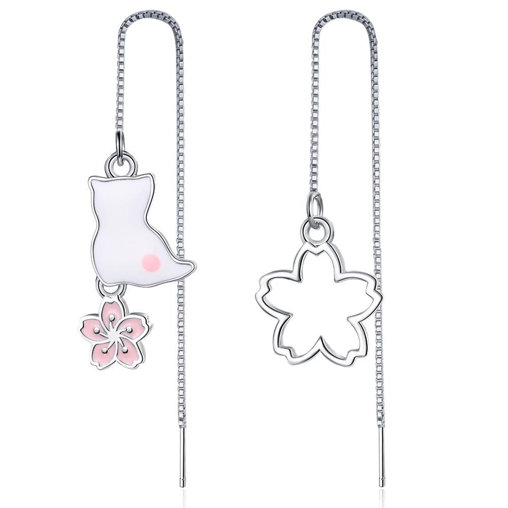 Long Flower Cat Earrings Temperament Sweet Strawberry Crystal Earrings Asymmetrical Tassel Cherry Blossom Kitten Earrings