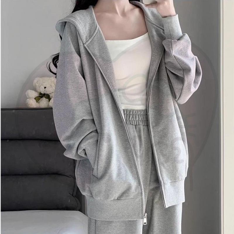 Dámská šedá mikina s kapucí a široké kalhoty - Ležérní podzimní/zimní dvoudílný set s kardiganovou bundou - Trend