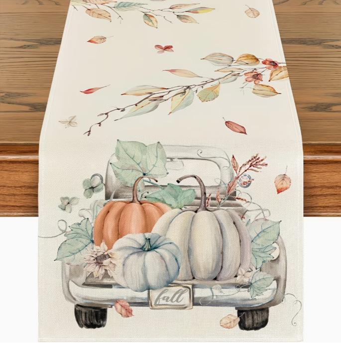 Autumn Leaves Pumpkin Table Runner: Linen Thanksgiving Decoration for Kitchen & Dining
