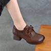 Johnature Pumps Genuine Leather Soft Soled Middle Heel Shoes Retro Versatile Lace Up Thick Heel Women's Shoes