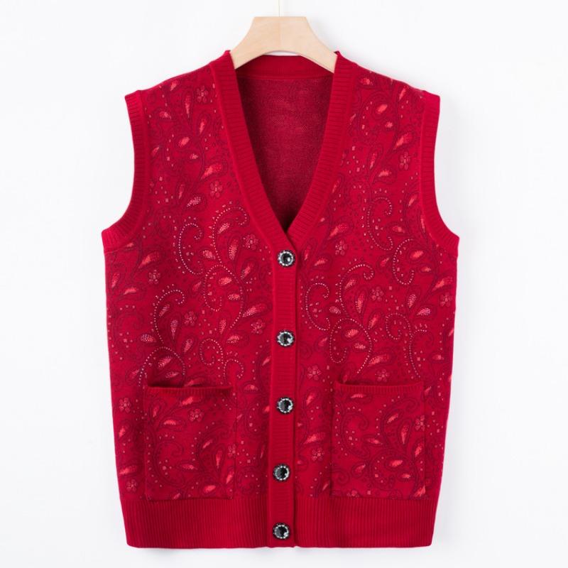 

Middle-aged elderly knitted sweater vest female age 0 mother wear autumn sweater vest grandma new warm cardigan One size бордовий