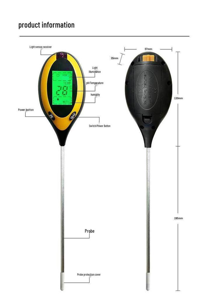 4-in-1 Soil Tester: Digital PH, Light, Temp & Humidity Meter with Backlight