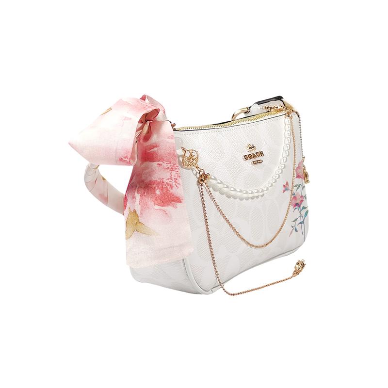 COACH shoulder bag [Customized bag] Nolita 19 Flower Shadows in the Clouds Hand-painted Pink Flower Silk Scarf Bow Pearl Chain Crossbody Flower rhyme