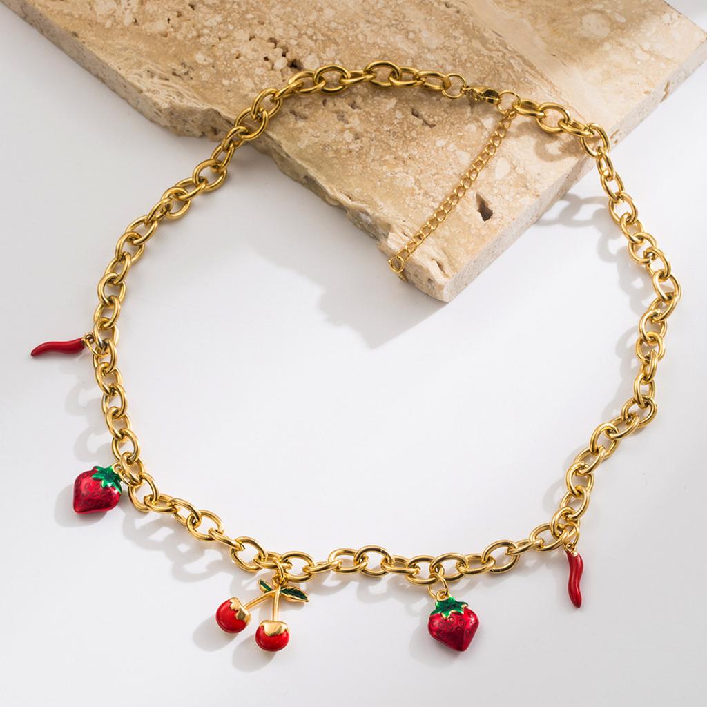 Stylish Titanium Steel Cherry Strawberry Pendant Necklace Adjustable Chain Lightweight Design Perfect For Daily Wear