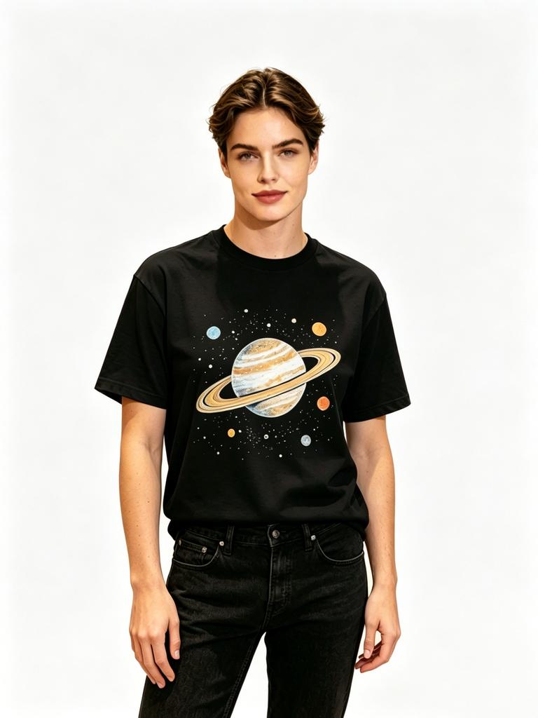 Saturn Planet Print Black T-Shirt Men Women Casual Cotton Tee Space Galaxy Astronomy Graphic Short Sleeve Streetwear Tops