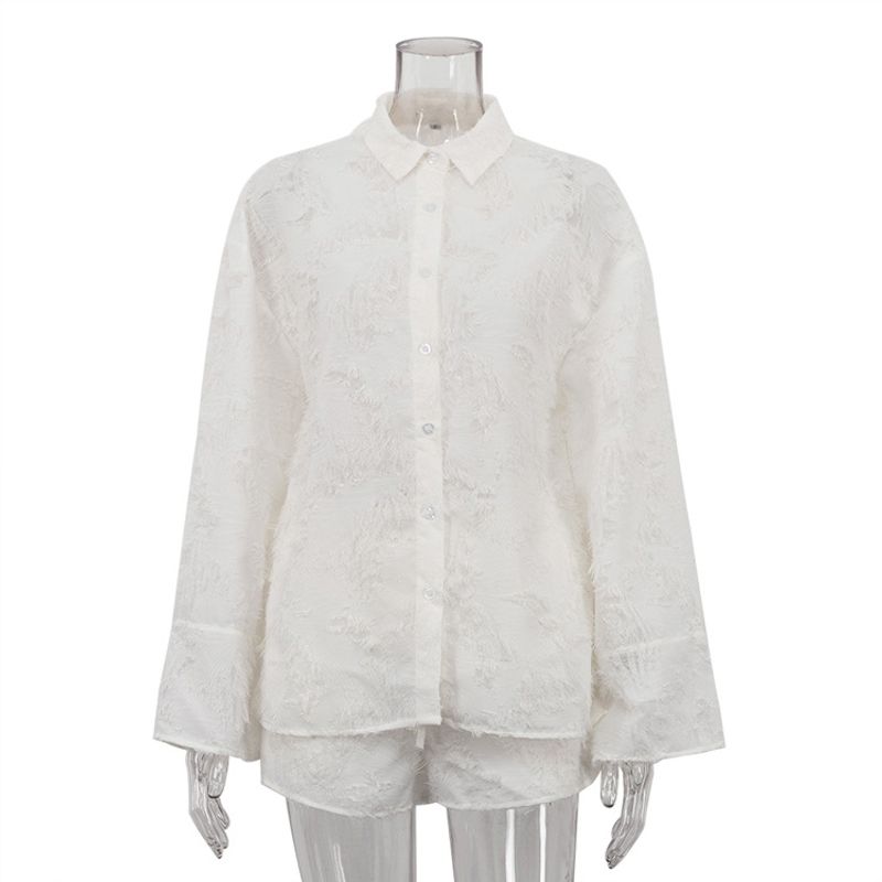 

2025 Spring and Autumn New Jacquard Casual Set Women Lapel Long sleeve Cardigan Top Lace-up Shorts Two-piece Set White S