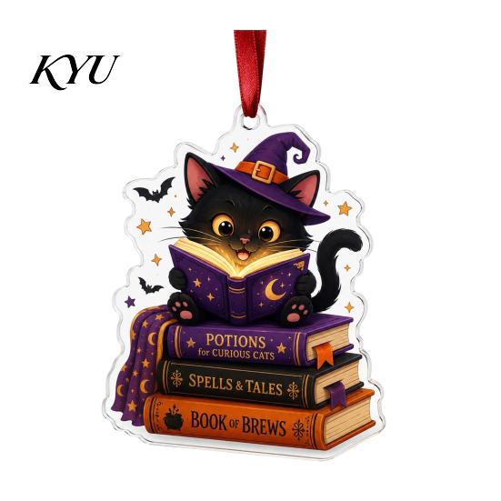 Halloween Festive Decorations Reading Ghost Hanging Ornament, Acrylic Holding Book Pumpkin Bookshelf Ornaments Black Cat Mummy Decor, 2D Cartoon