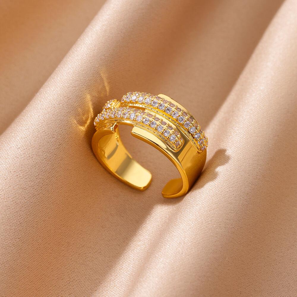 Zirkon Kristall Geometrische Ringe für Damen Edelstahl Goldfarbe Verstellbarer Fingerring Trendiger Hochzeitsschmuck Luxus