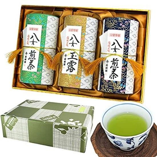 Tea Gift Premium Yame Highest Quality 3 Types 150g Each Washi Paper Canister Box Wood Grain Design Iwasakien Seicha Kyushu Fukuoka Gyokuro Sencha Deep