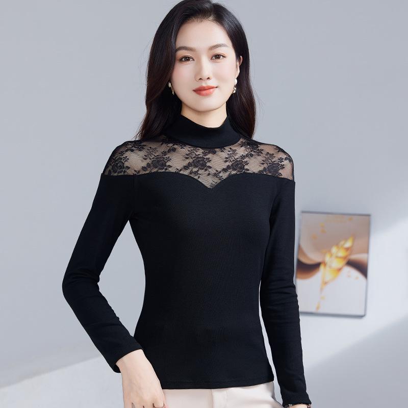 Damen Vielseitiges Spitzen-Patchwork Stretch-Baumwoll Langarm-Top