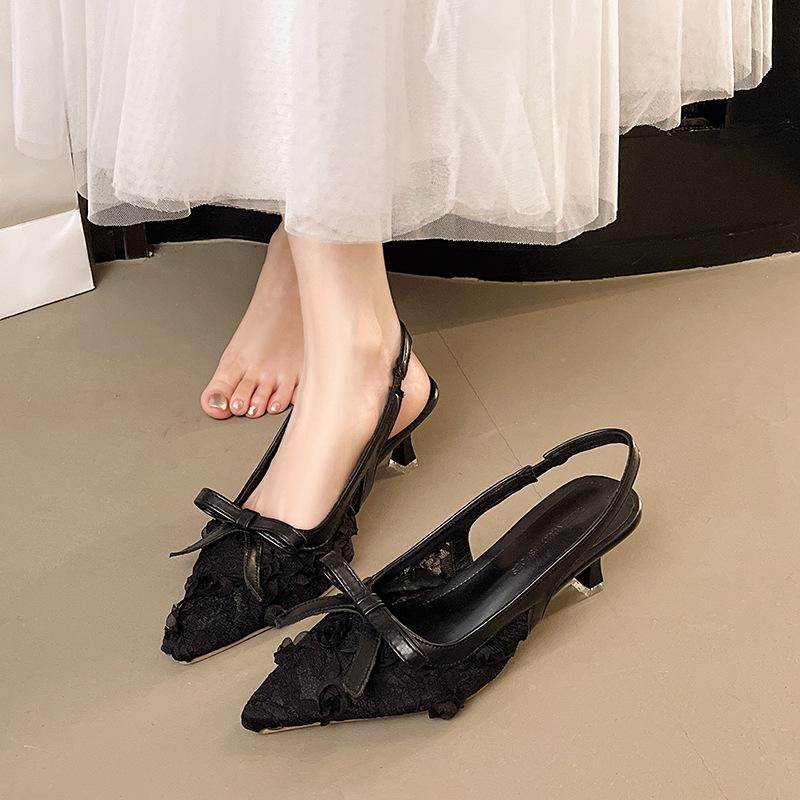 

Mesh pointed high heels French summer new fashion fairy style bow bag head sandals woman 41 чёрный